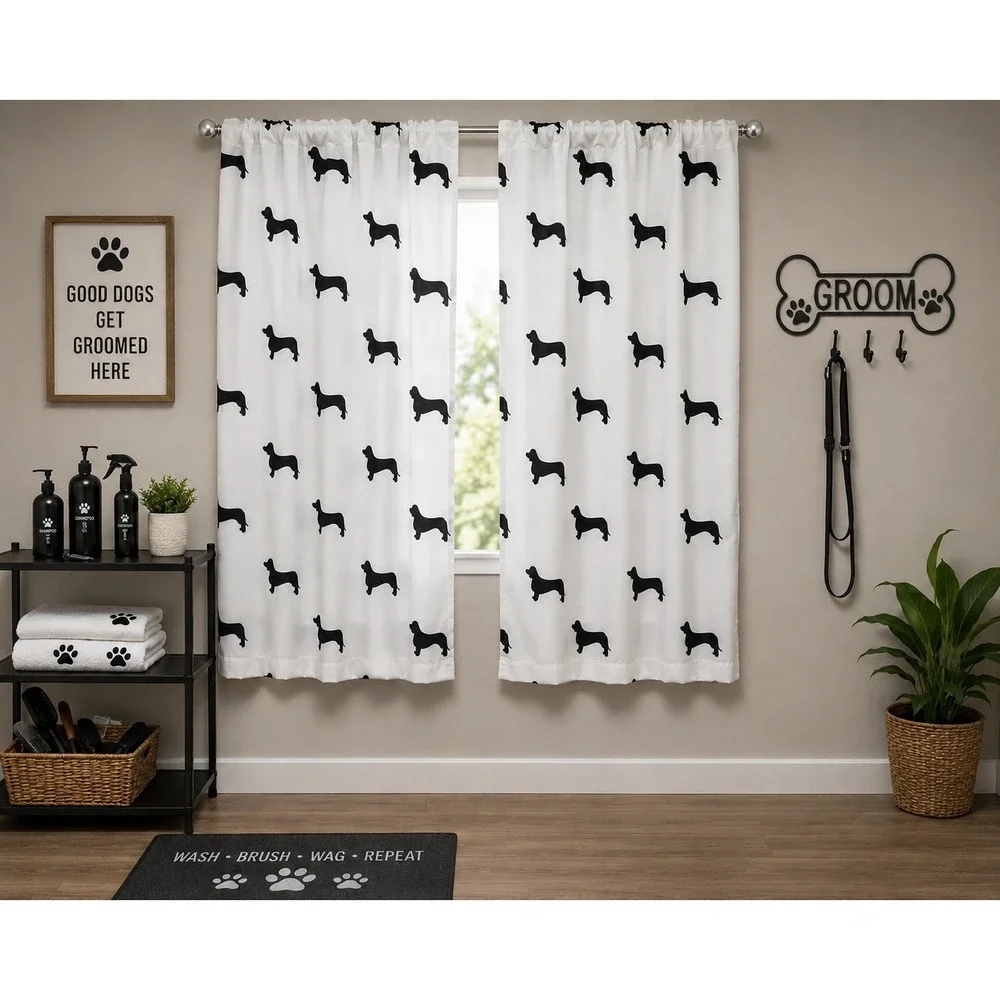 Ambesonne Dachshund Window Curtains 2 Panel Set White Black 56x95 Rod Pocket NEW